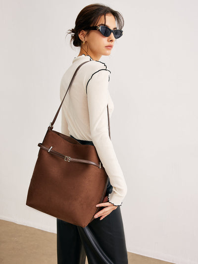Versatile Suede Buckle Bucket Bag