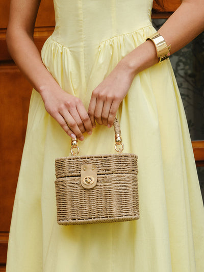 Woven Rattan Box Bag With Turn-Lock Closure